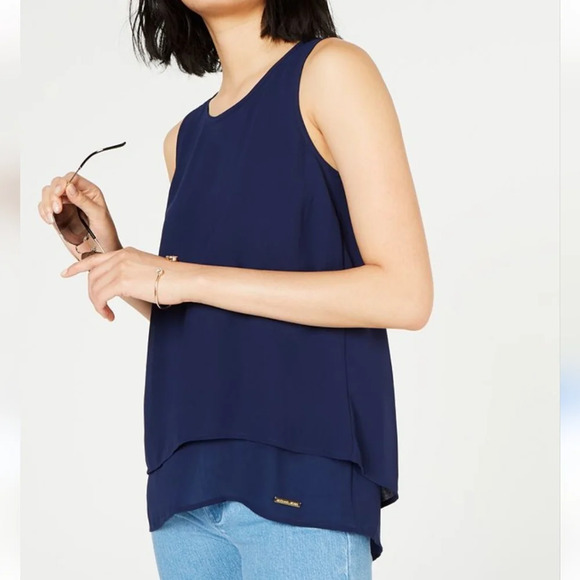 Michael Kors Womens Blue Chiffon Layered Sleeveless Blouse SplitBack Size Medium - Picture 1 of 9